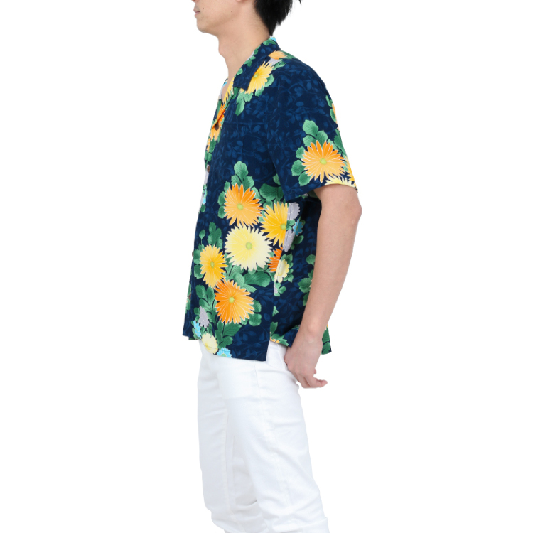 花柄 レーヨンアロハシャツ 千代見草 紺黄 Pagong メンズ Pagong公式通販サイト Pagong ネットショップ