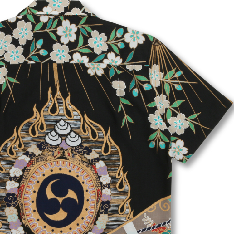 歌舞伎柄 ドライアロハシャツ ＜火焔太鼓/黒緑＞ | 京友禅アロハ
