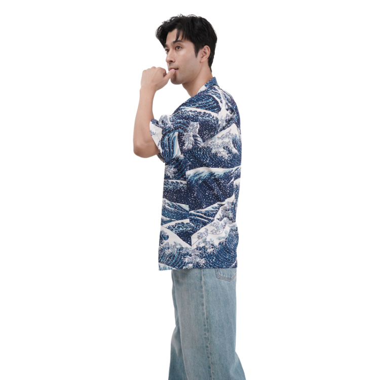 葛飾北斎 ドライアロハシャツ ＜大波/青＞ | 京友禅アロハシャツ