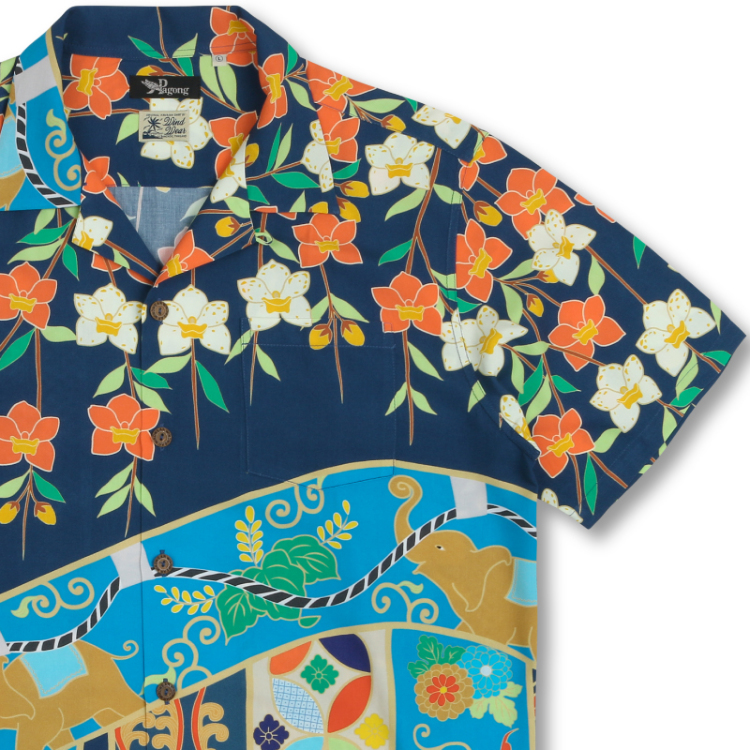 WindWearコラボ レーヨンアロハシャツ <幔幕に象/青> | 京友禅 WindWearコラボ レーヨンアロハシャツ <幔幕に象/青> | 京友禅