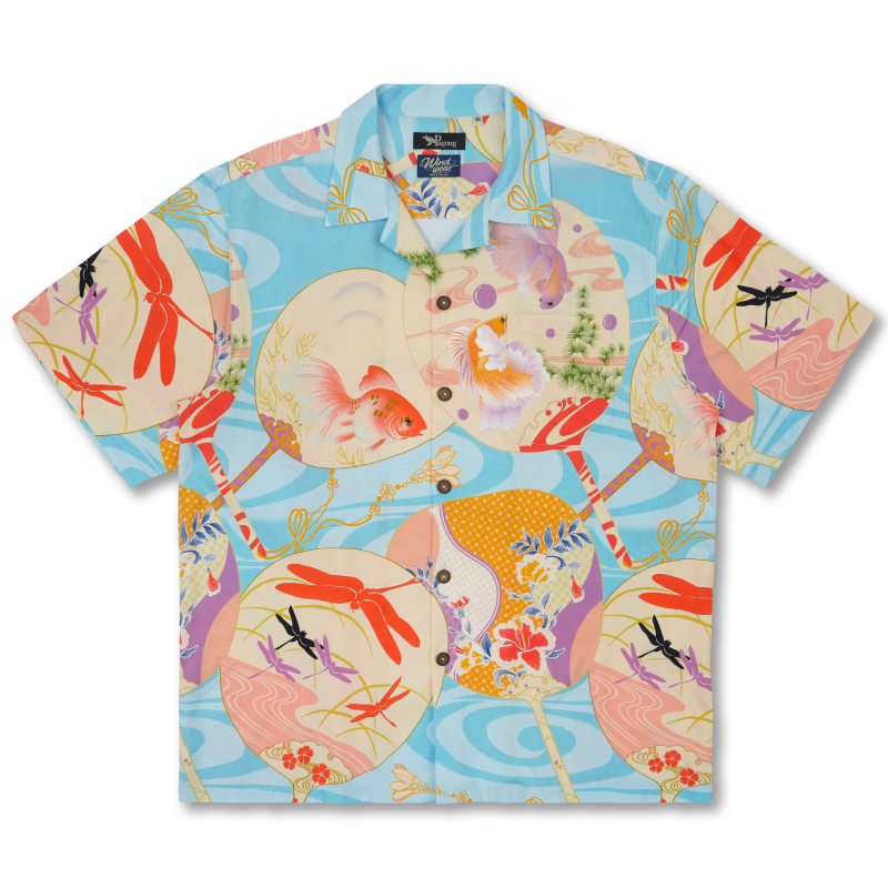 アロハティア様 WindWearコラボ レーヨンアロハシャツ ＜うちわに金魚/橙茶