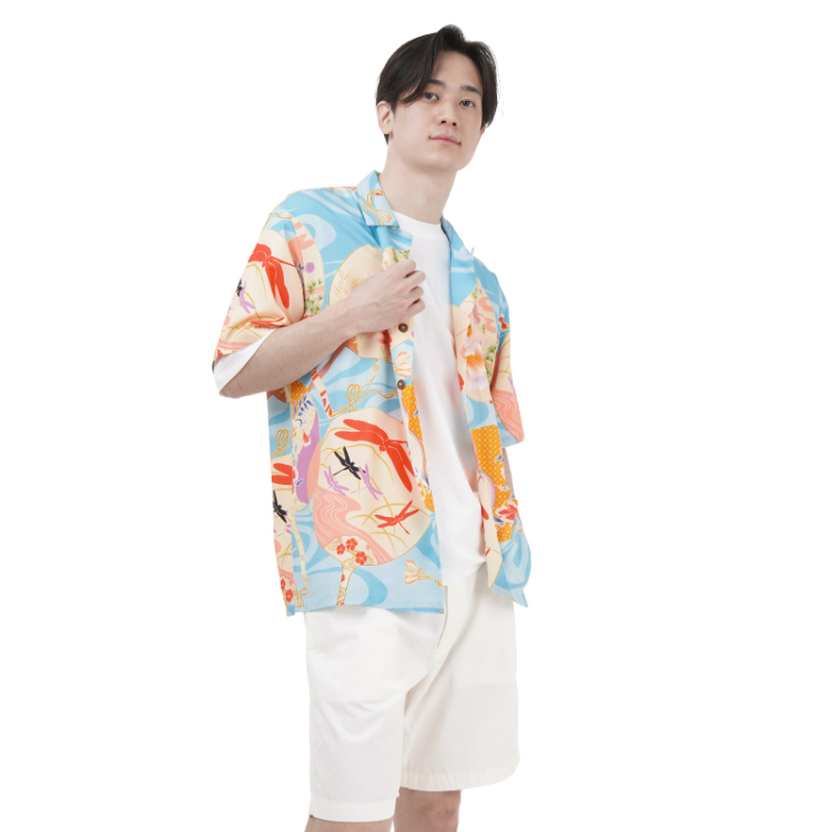 アロハティア様 WindWearコラボ レーヨンアロハシャツ ＜うちわに金魚/橙茶