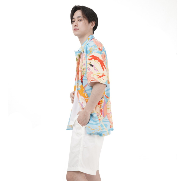 WindWearコラボ レーヨンアロハシャツ ＜うちわに金魚/水色