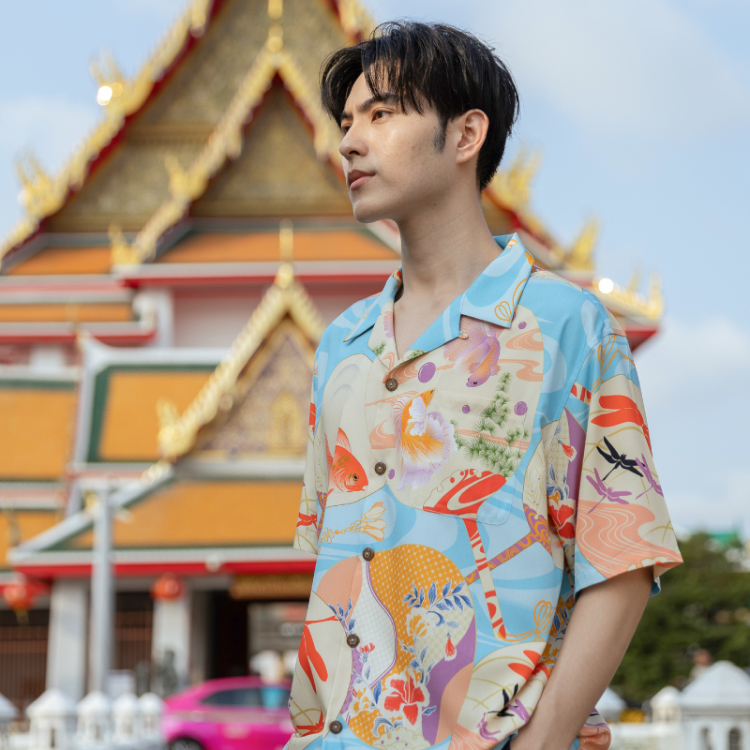 WindWearコラボ レーヨンアロハシャツ ＜うちわに金魚/水色＞ | 京友禅
