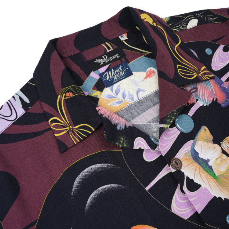 WindWearコラボ レーヨンアロハシャツ ＜うちわに金魚/紫黒