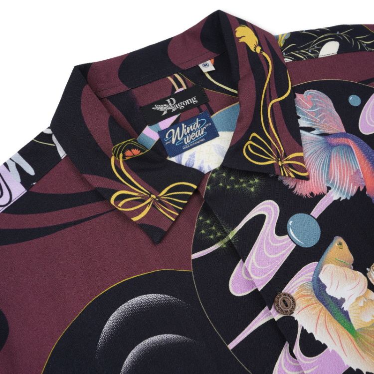 WindWearコラボ レーヨンアロハシャツ ＜うちわに金魚/紫黒＞ | 京友禅
