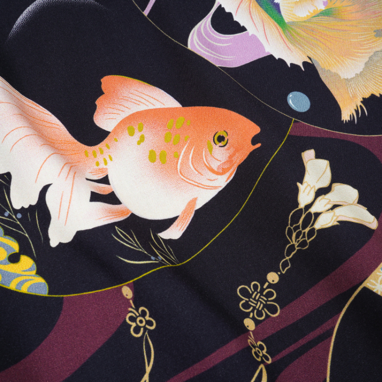 WindWearコラボ レーヨンアロハシャツ ＜うちわに金魚/紫黒＞ | 京友禅 