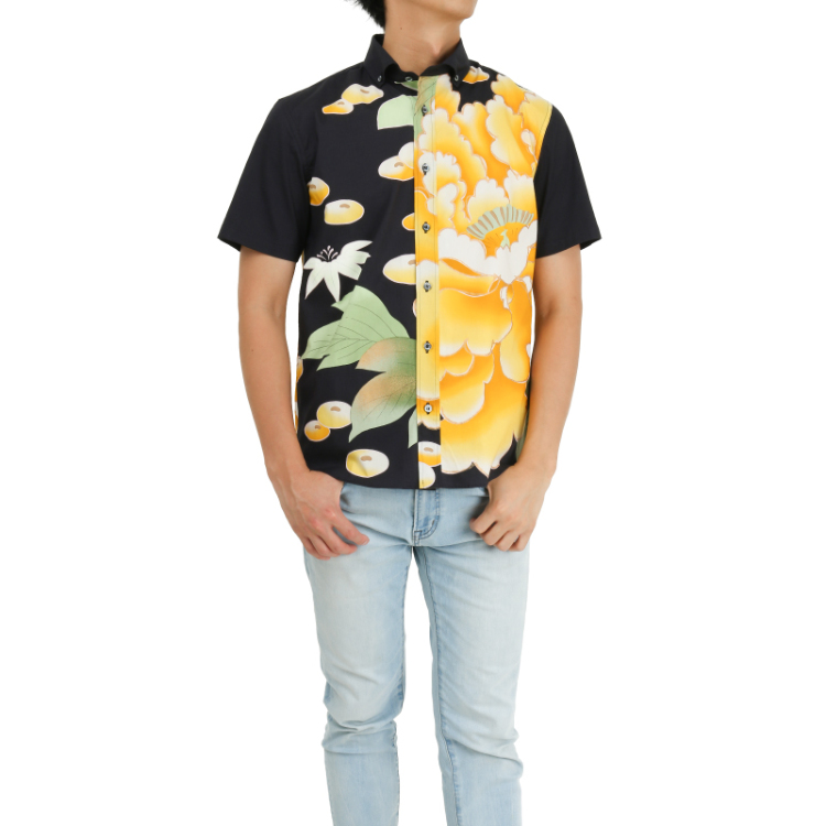 和柄 半袖ボタンダウンシャツ ＜大牡丹と光琳菊/黒黄＞ Pagong メンズ