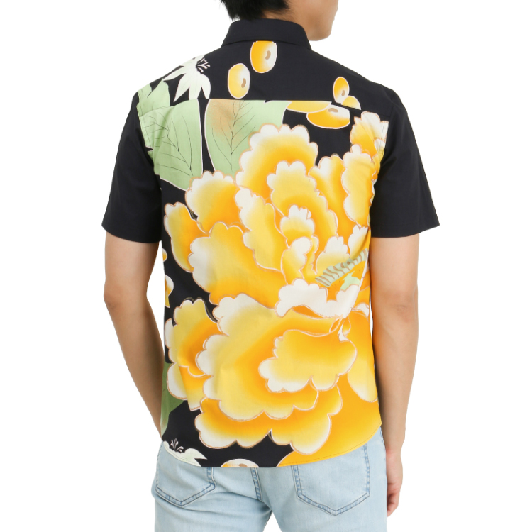 和柄 半袖ボタンダウンシャツ ＜大牡丹と光琳菊/黒黄＞ Pagong メンズ