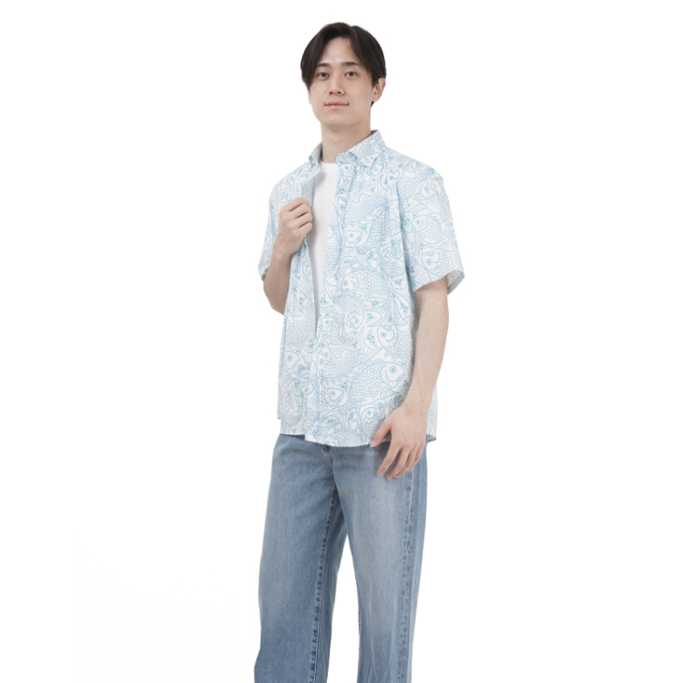 和柄 半袖ボタンダウンシャツ ＜鯛尽くし文様/白青＞ | 京友禅アロハ