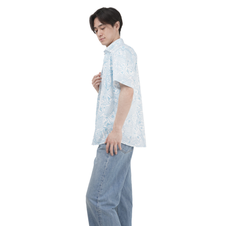 和柄 半袖ボタンダウンシャツ ＜鯛尽くし文様/白青＞ | 京友禅アロハ
