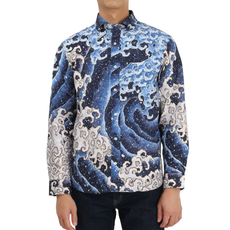 葛飾北斎 ボタンダウンシャツ ＜怒涛図男浪/濃紺＞ | 京友禅アロハ