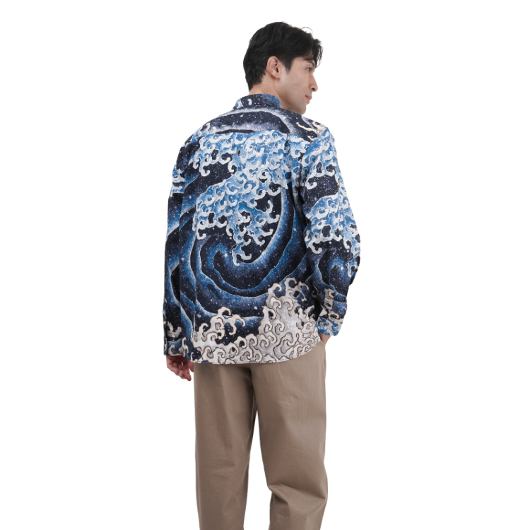 葛飾北斎 ボタンダウンシャツ ＜怒涛図男浪/濃紺＞ | 京友禅アロハ