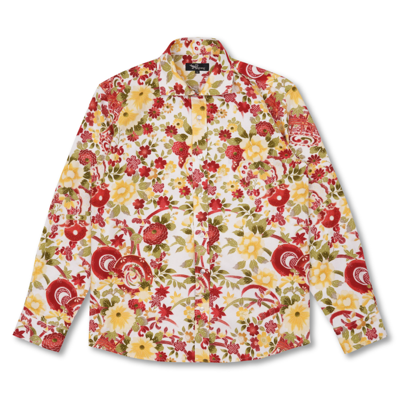 花柄 フランネルシャツ ＜花と雅楽/白赤＞ | 京友禅アロハシャツ