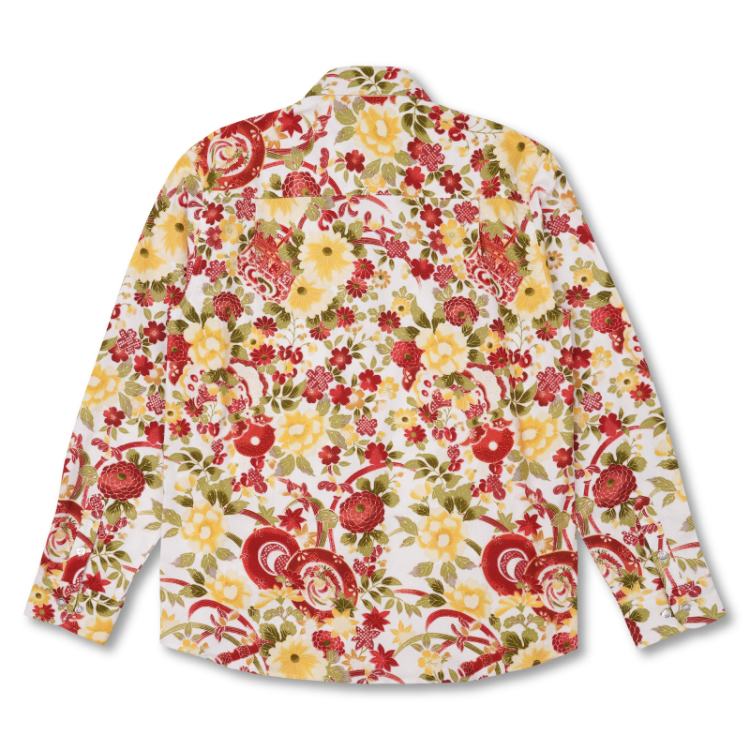 花柄 フランネルシャツ ＜花と雅楽/白赤＞ | 京友禅アロハシャツ