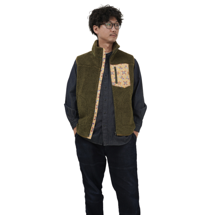 和柄 マウンテンベスト ＜亀甲/カーキ×黄＞ | 京友禅アロハ