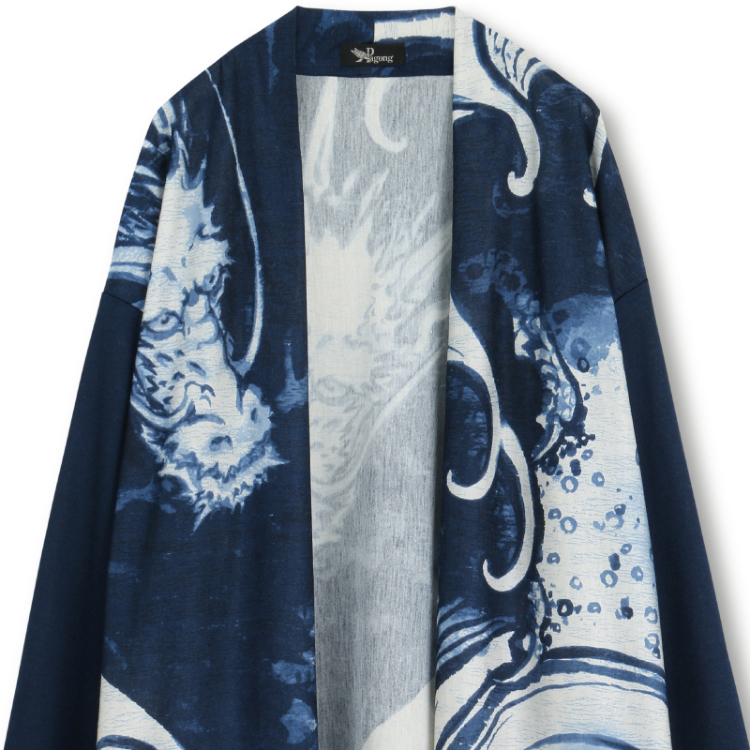 京町絵師 冬奇 セミロングカーディガン＜波に龍/紺＞ | 京友禅アロハ