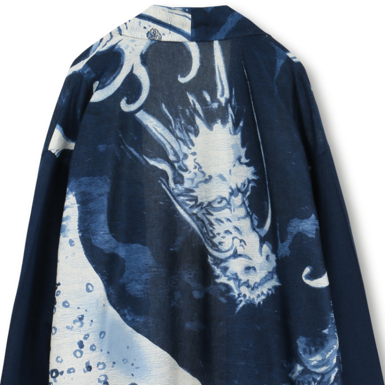京町絵師 冬奇 セミロングカーディガン＜波に龍/紺＞ | 京友禅アロハ