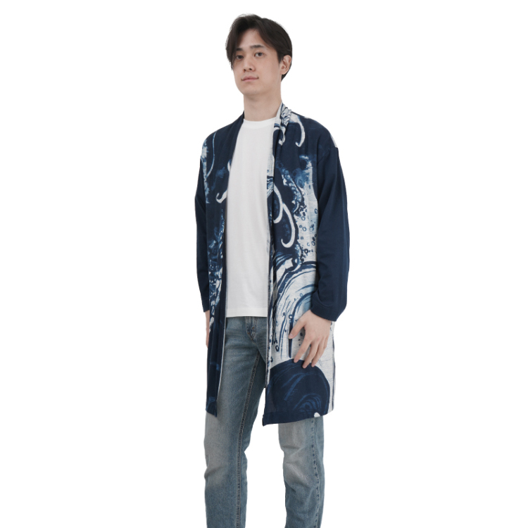 京町絵師 冬奇 セミロングカーディガン＜波に龍/紺＞ | 京友禅アロハ