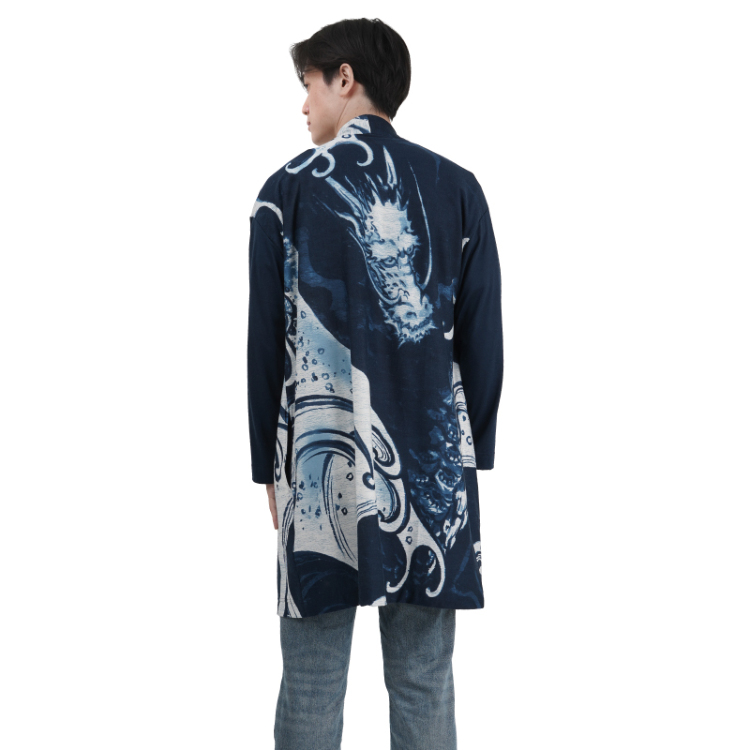 京町絵師 冬奇 セミロングカーディガン＜波に龍/紺＞ | 京友禅アロハ