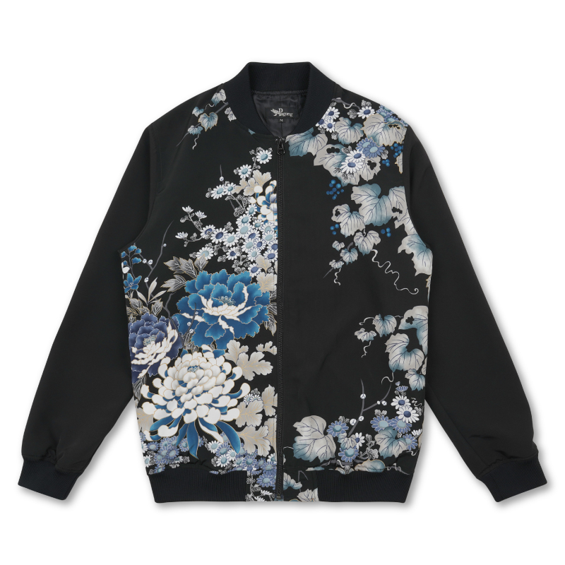 花柄 ブルゾンⅡ ＜蔦と菊牡丹/黒青＞ | 京友禅アロハシャツ【Pagong
