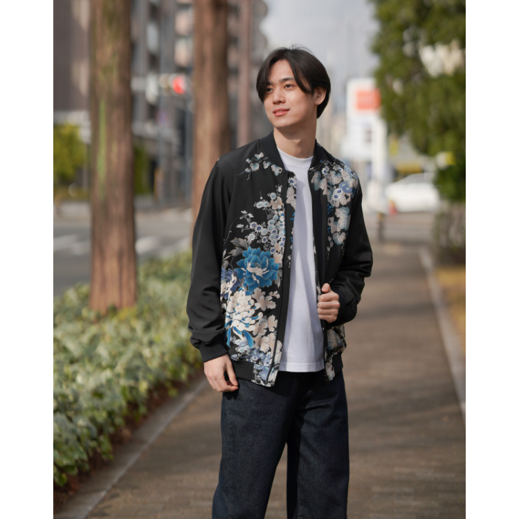 花柄 ブルゾンⅡ ＜蔦と菊牡丹/黒青＞ | 京友禅アロハシャツ【Pagong