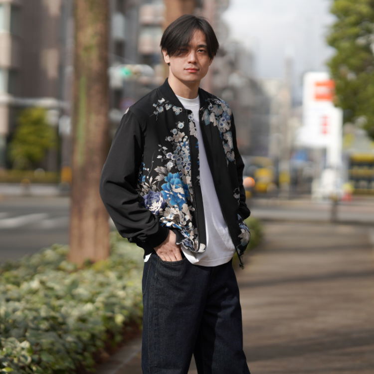 花柄 ブルゾンⅡ ＜蔦と菊牡丹/黒青＞ | 京友禅アロハシャツ【Pagong