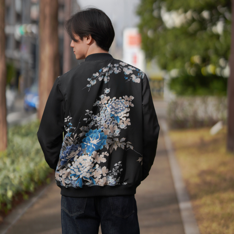 花柄 ブルゾンⅡ ＜蔦と菊牡丹/黒青＞ | 京友禅アロハシャツ【Pagong