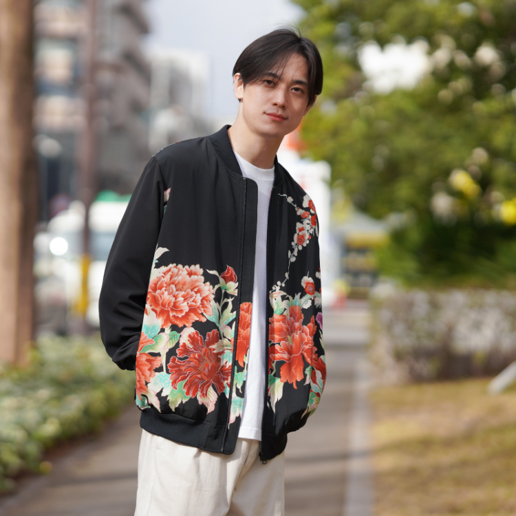 花柄 ブルゾンⅡ ＜富貴花/黒橙＞ | 京友禅アロハシャツ【Pagong】公式