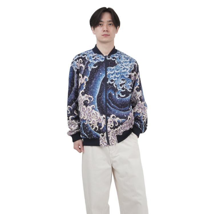 葛飾北斎 ブルゾン ＜怒涛図男浪/紺＞ | 京友禅アロハシャツ【Pagong