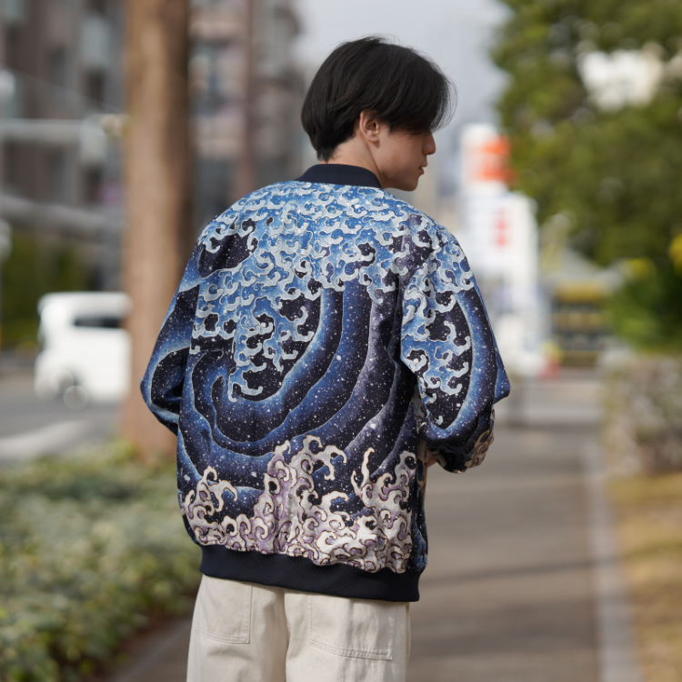 HaaT 青ドット柄ジャケットサイズ3 葛飾北斎 ブルゾン ＜怒涛図男浪/紺＞ | 京友禅アロハシャツ【Pagong