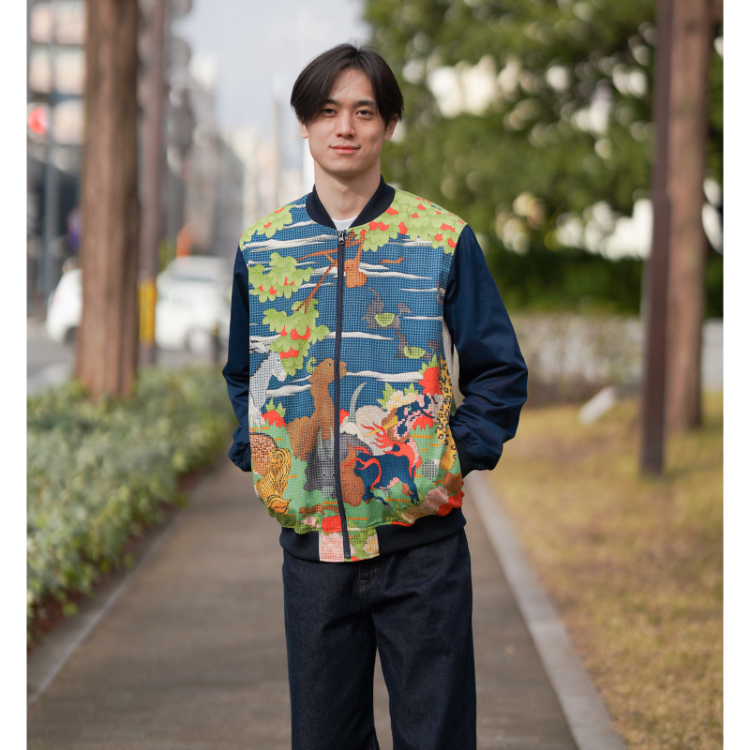 出光美術館・伊藤若冲 ブルゾン ＜鳥獣花木図屏風/青＞ | 京友禅アロハ