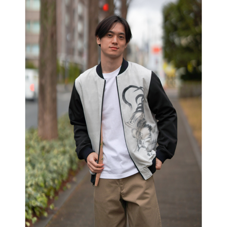 伊藤若冲 リバーシブルブルゾン ＜【若冲】糸瓜群虫図・淡緑 / 鶏図