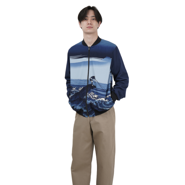 葛飾北斎 リバーシブルブルゾン ＜甲州石班澤×大波/濃紺＞ | 京友禅