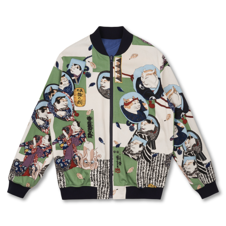 00s 花旅楽団 歌川国芳 浮世絵 富士山 鯉 souvenir jacket 浮世絵 リバーシブルブルゾン ＜猫の歌舞伎×東海道五十三次箱根/白鶯