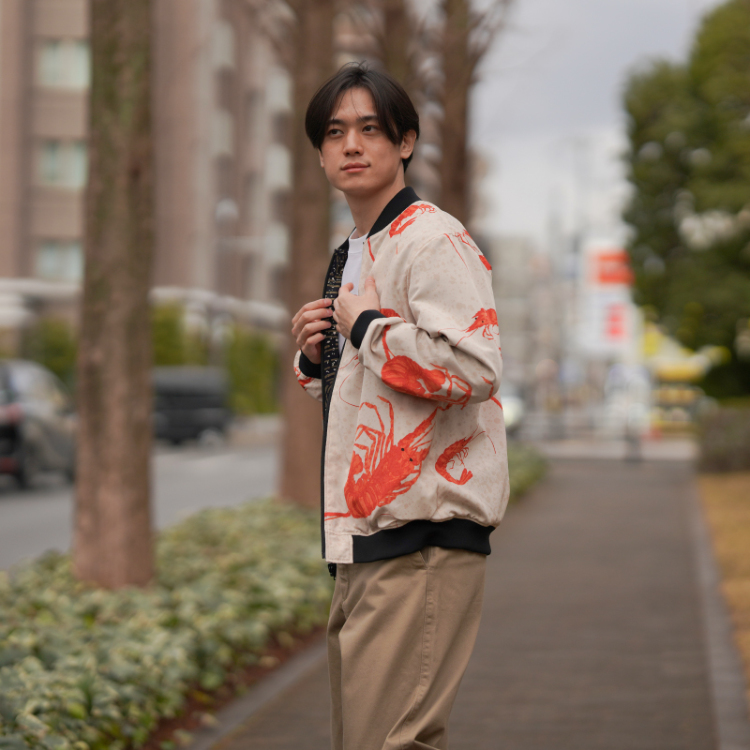 美品✨パラスパレス　矢鱈縞　ボトル襟　シャツ　ジャケット　インディゴ染め　日本製 リバーシブルブルゾン ＜海老×錦海老/黒赤＞ | 京友禅アロハシャツ