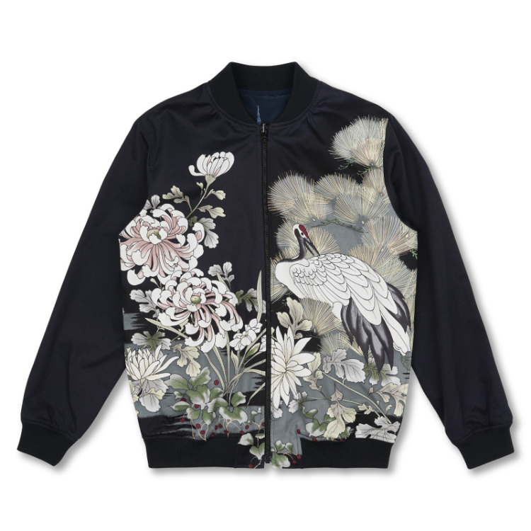 リバーシブルブルゾン ＜松鶴に菊模様×ジェット鶴/黒＞ | 京友禅アロハ