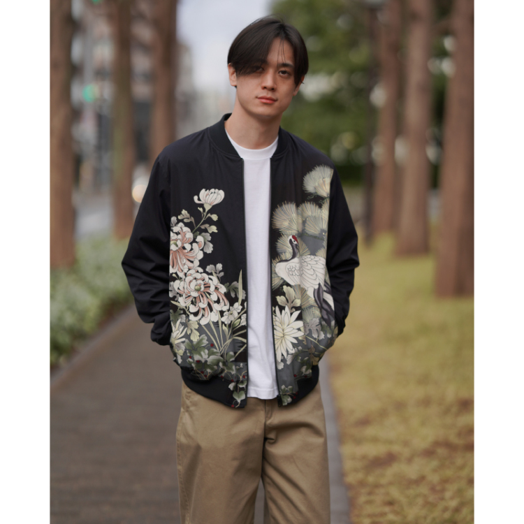 リバーシブルブルゾン ＜松鶴に菊模様×ジェット鶴/黒＞ | 京友禅アロハ