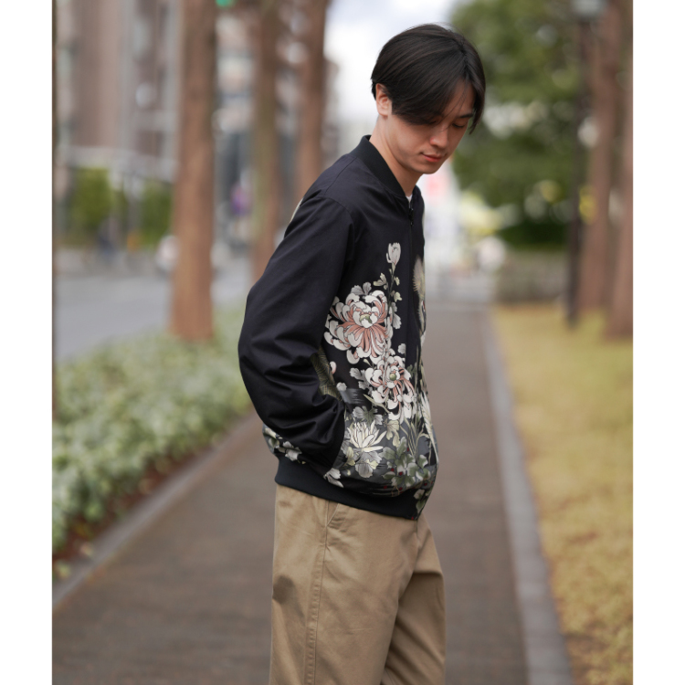 リバーシブルブルゾン ＜松鶴に菊模様×ジェット鶴/黒＞ | 京友禅アロハ