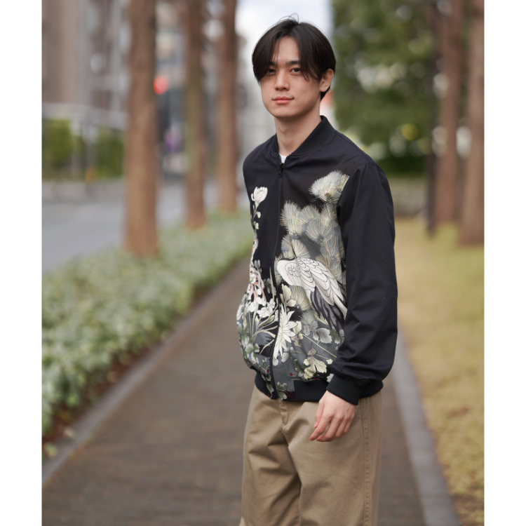 リバーシブルブルゾン ＜松鶴に菊模様×ジェット鶴/黒＞ | 京友禅アロハ