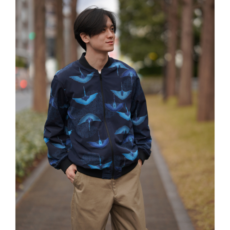 リバーシブルブルゾン ＜松鶴に菊模様×ジェット鶴/黒＞ | 京友禅アロハ