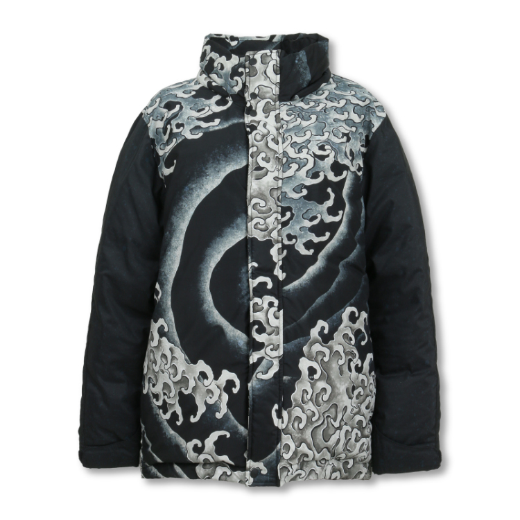 葛飾北斎 メンズダウンジャケット＜怒涛図男浪/黒＞ | 京友禅アロハ