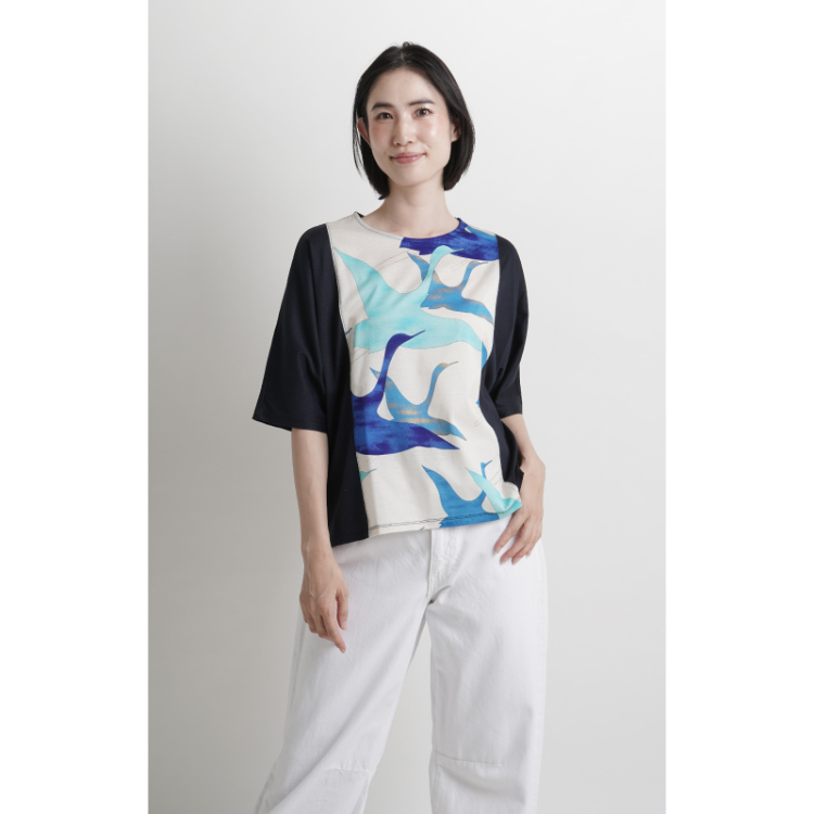 ayahamページ 和柄 切替カットソー ＜千羽鶴/紺青＞ | 京友禅アロハシャツ